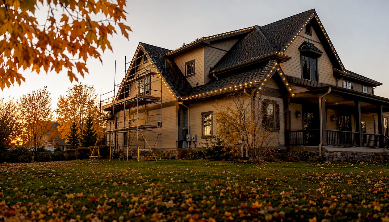 Steep multi-gabled roof with partial Christmas lights