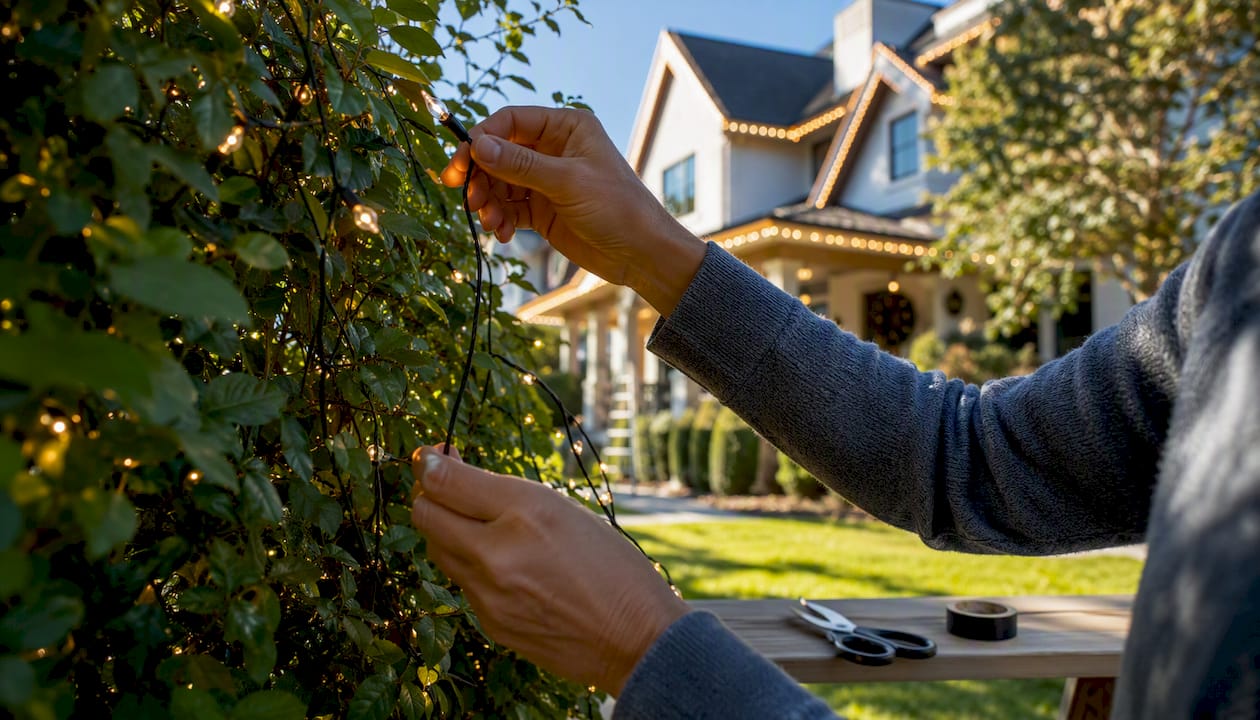 Homeowner planning Christmas light booking on calendar
