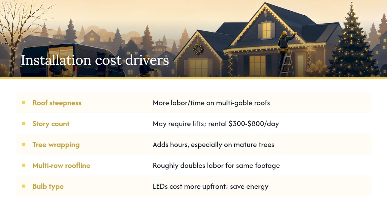 Diagram showing cost drivers for holiday lighting installation