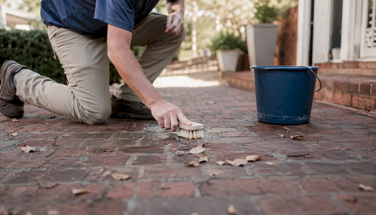 Person testing cleaning solution on brick patio