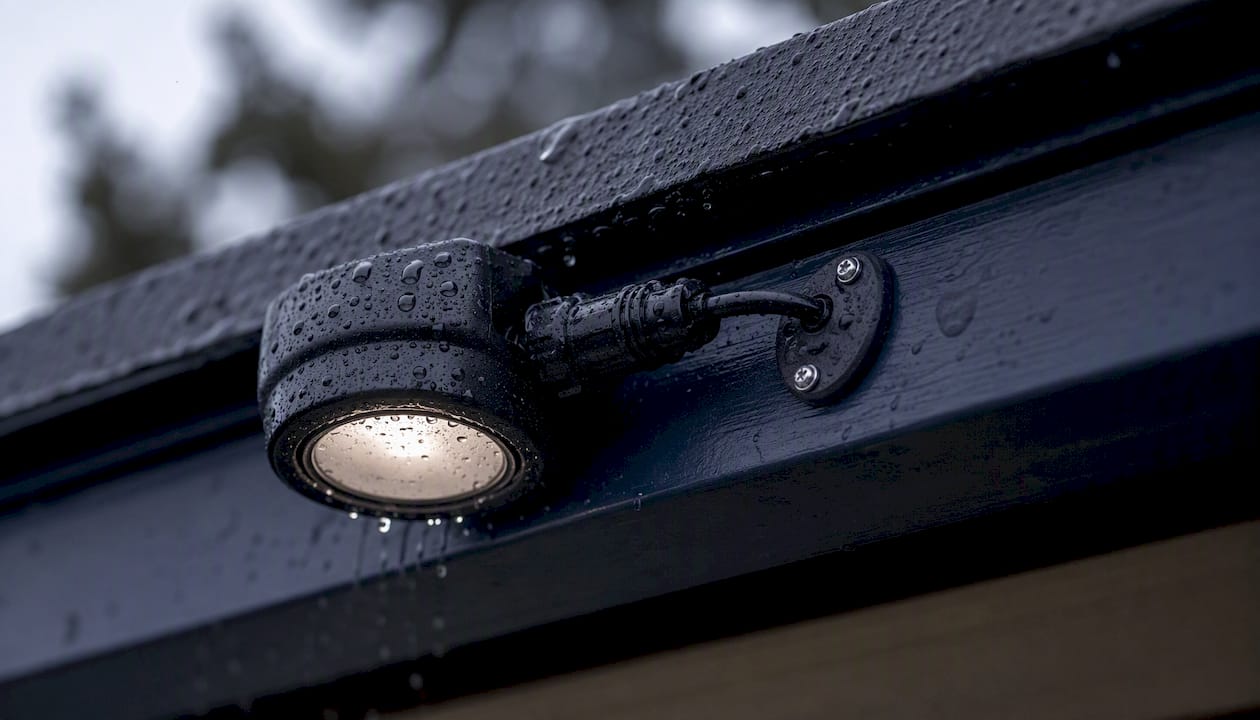 Rain-soaked sealed LED connector on roofline