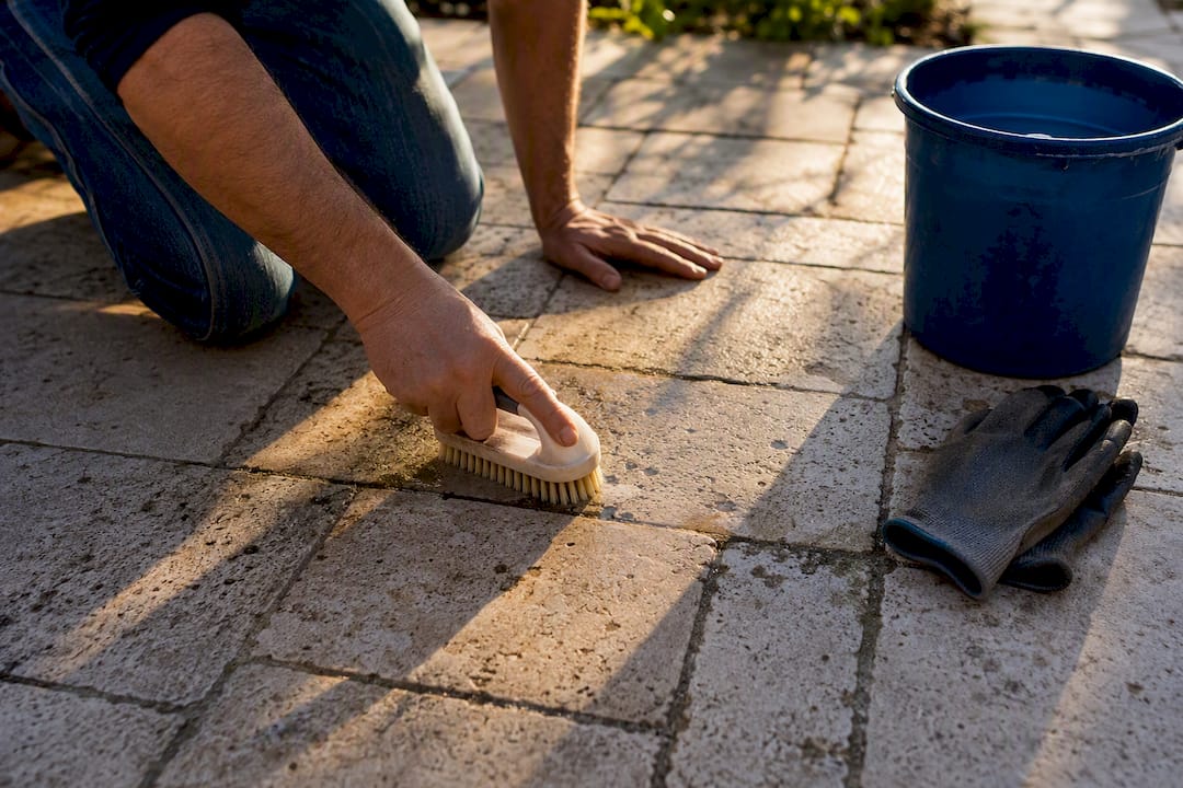 Hands scrubbing shaded travertine patio with soft brush