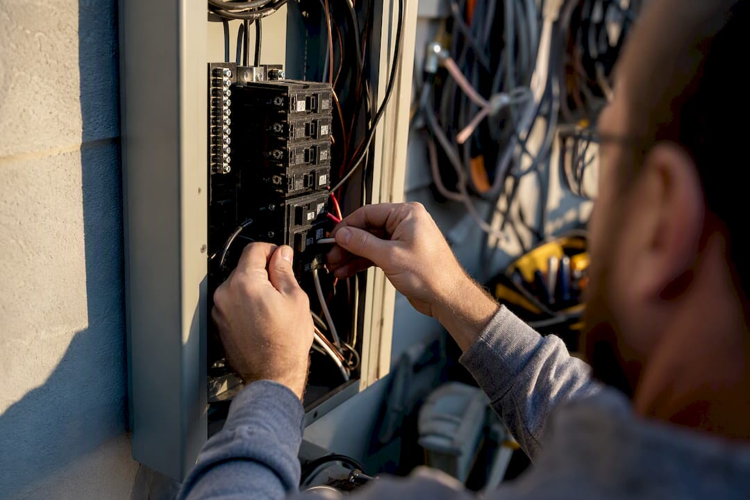 Electrician wiring separate outdoor lighting circuits