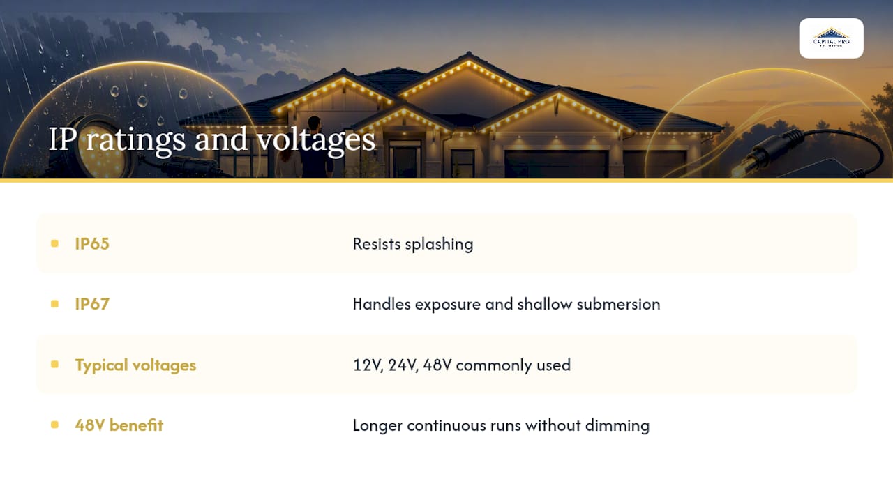 Diagram comparing waterproof ratings and voltage for roofline lighting