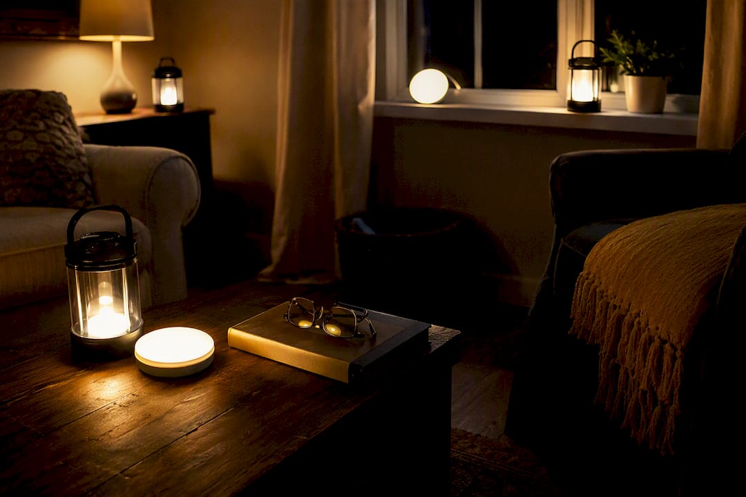 Battery LED lanterns lighting kitchen during outage