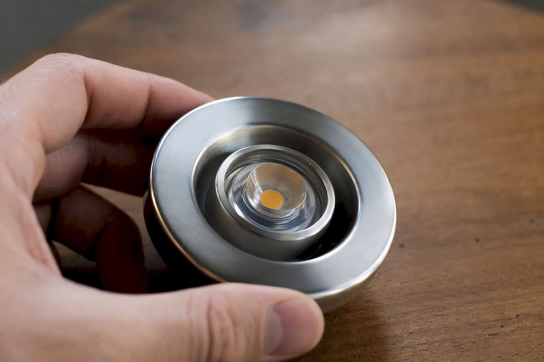 Close-up of LED puck light casing