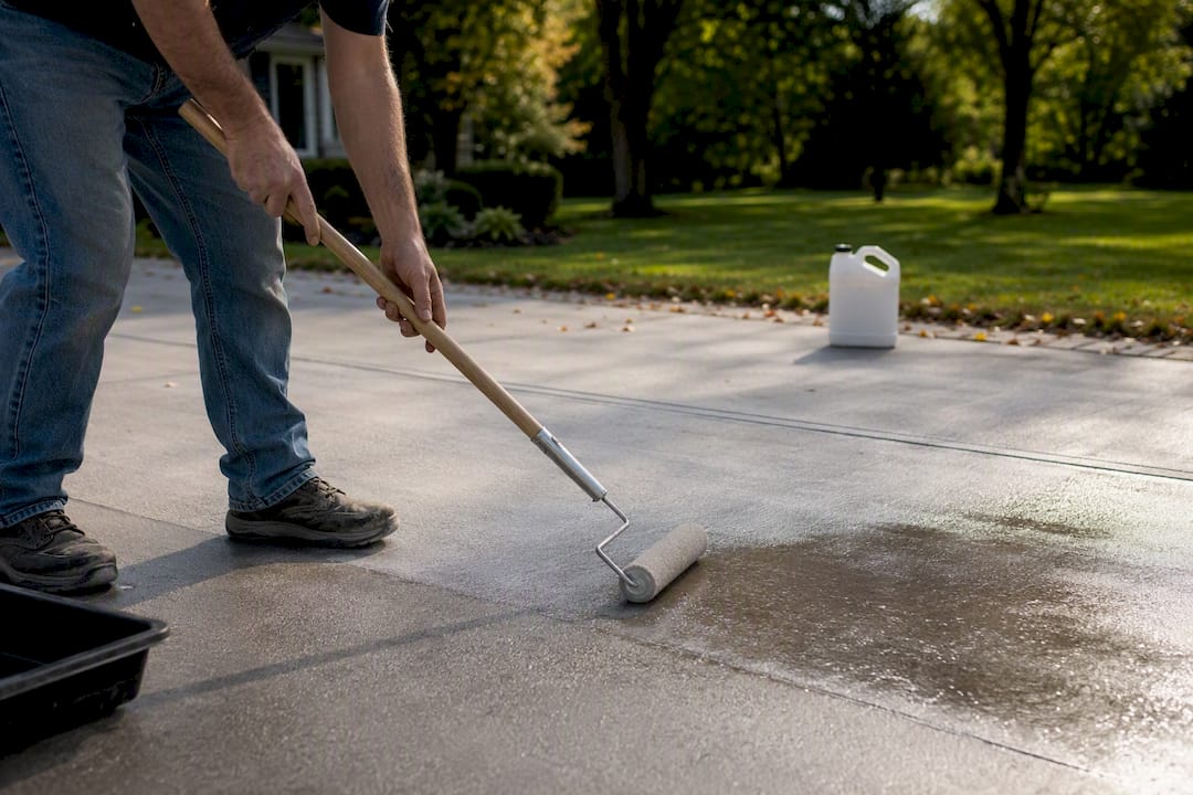 Professional applying sealer on concrete driveway