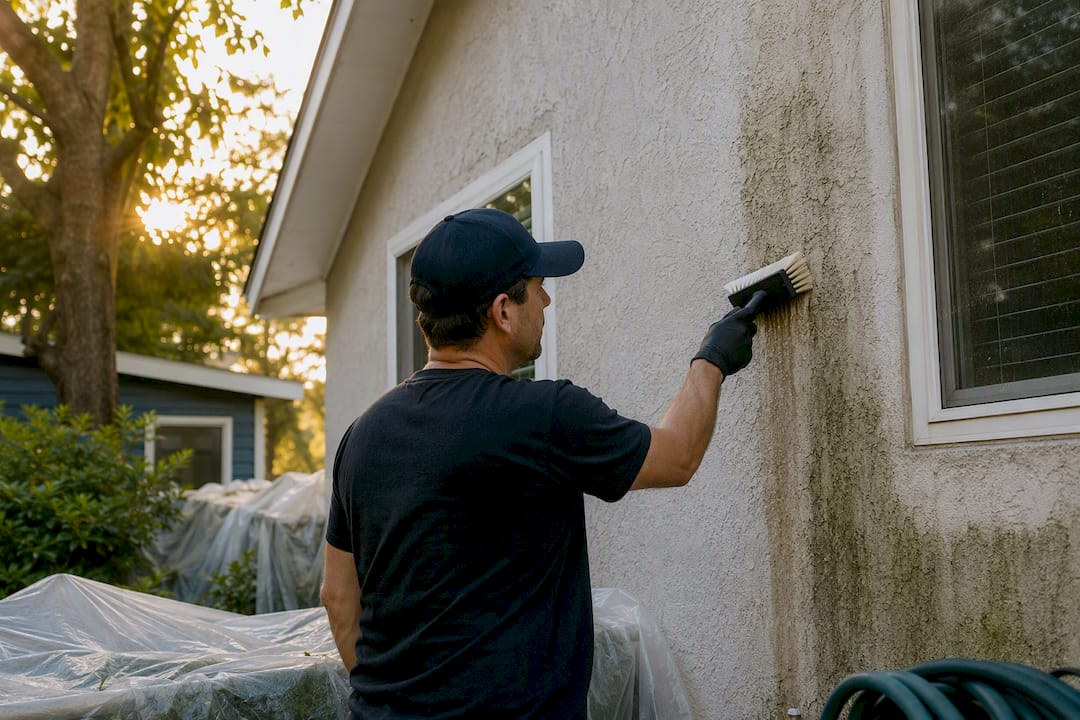 Homeowner soft-brush cleaning algae on stucco