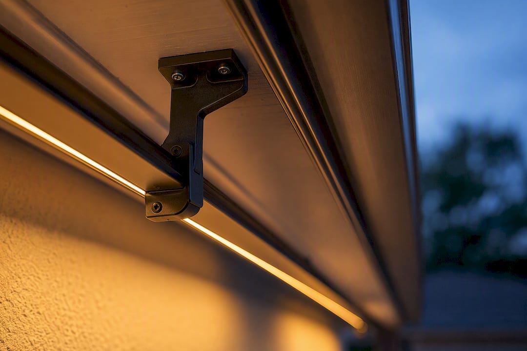 Close-up of LED track light mounting hardware