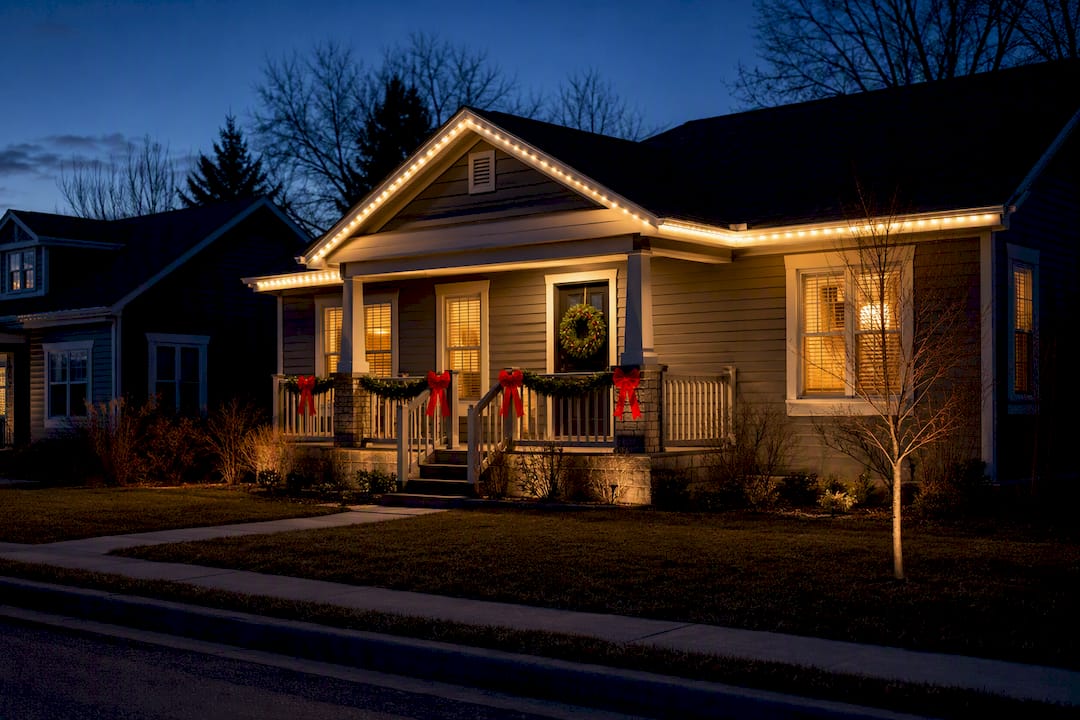 Home with permanent roofline lighting and seasonal garlands