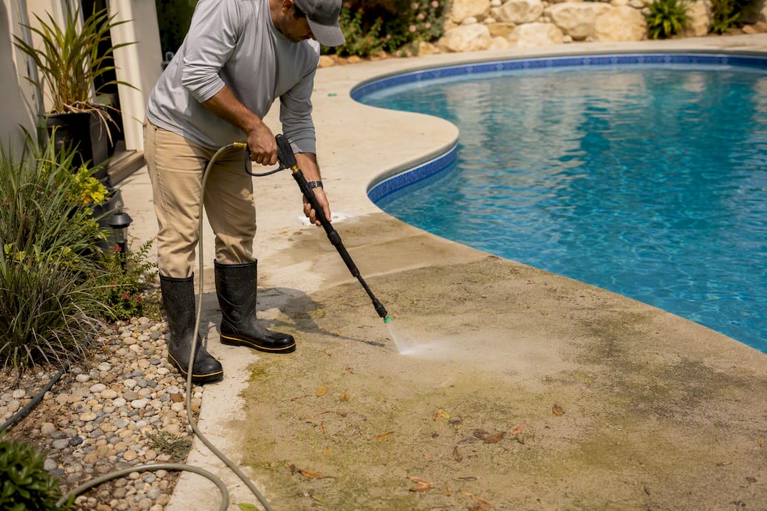 Lavado suave limpiando algas en terraza de piscina