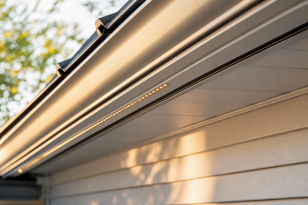 Close-up of aluminum LED track on house eave