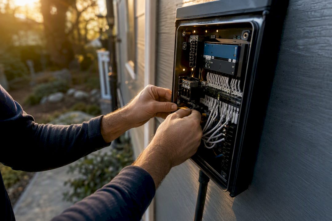 Installer hands inspecting LED controller box