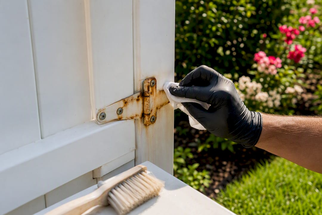 Cleaning rust stain from vinyl fence hinge
