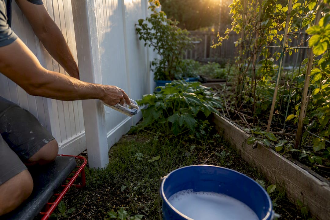 Hands scrubbing shaded vinyl fence panel