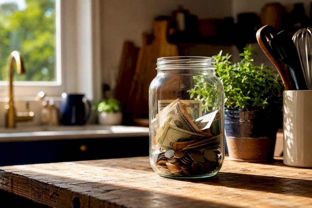Cash reserve jar on kitchen counter