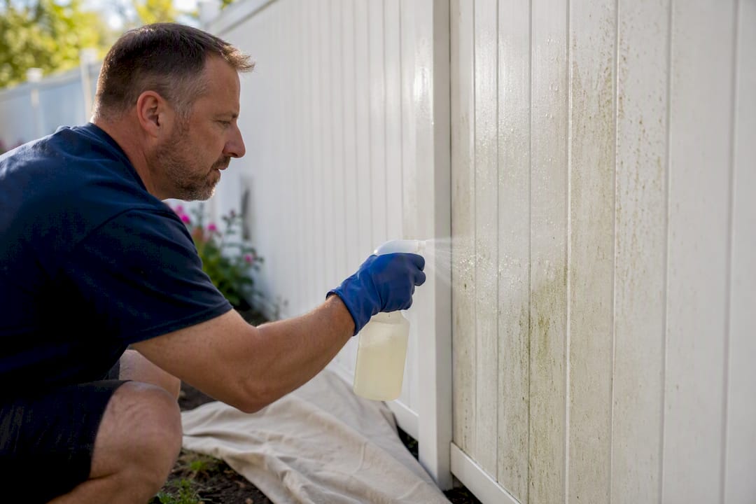 Applying bleach solution on stained vinyl fence