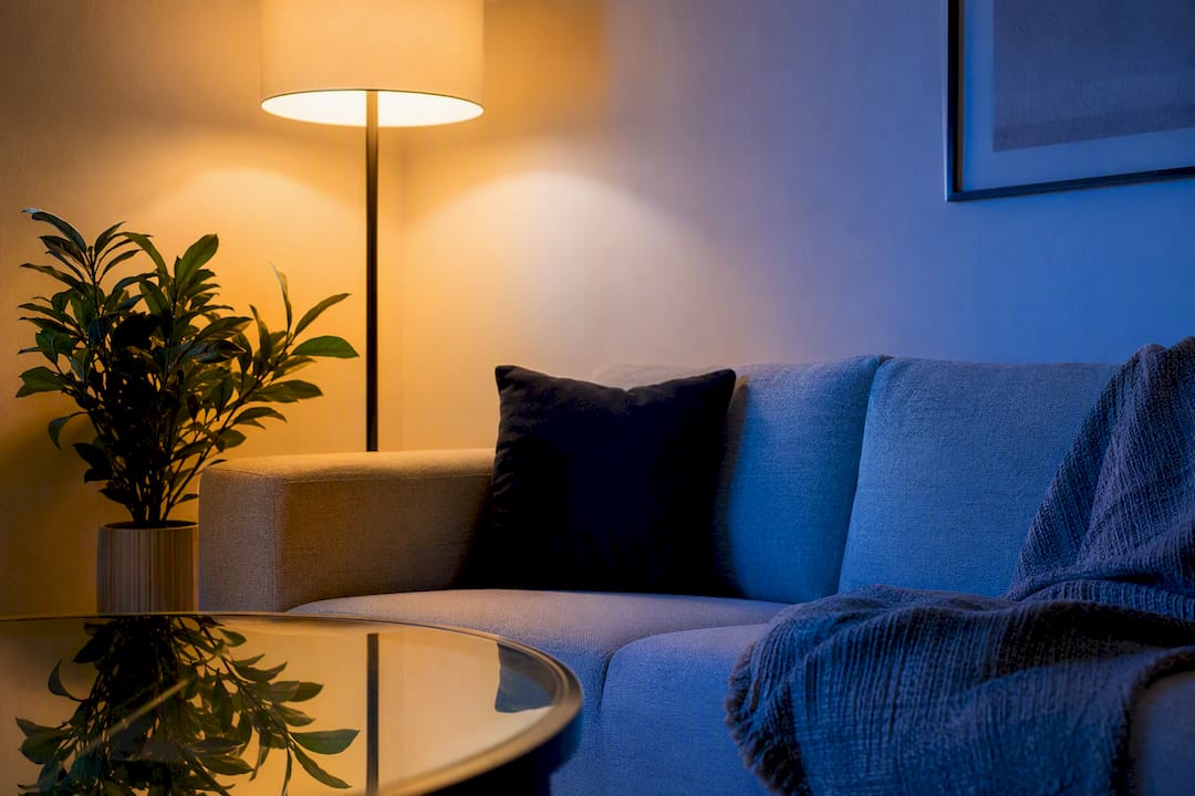 Interior wall lit by warm and cool white lighting contrast
