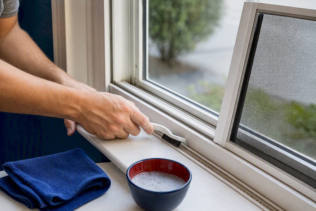 Cleaning window tracks beside removed screen