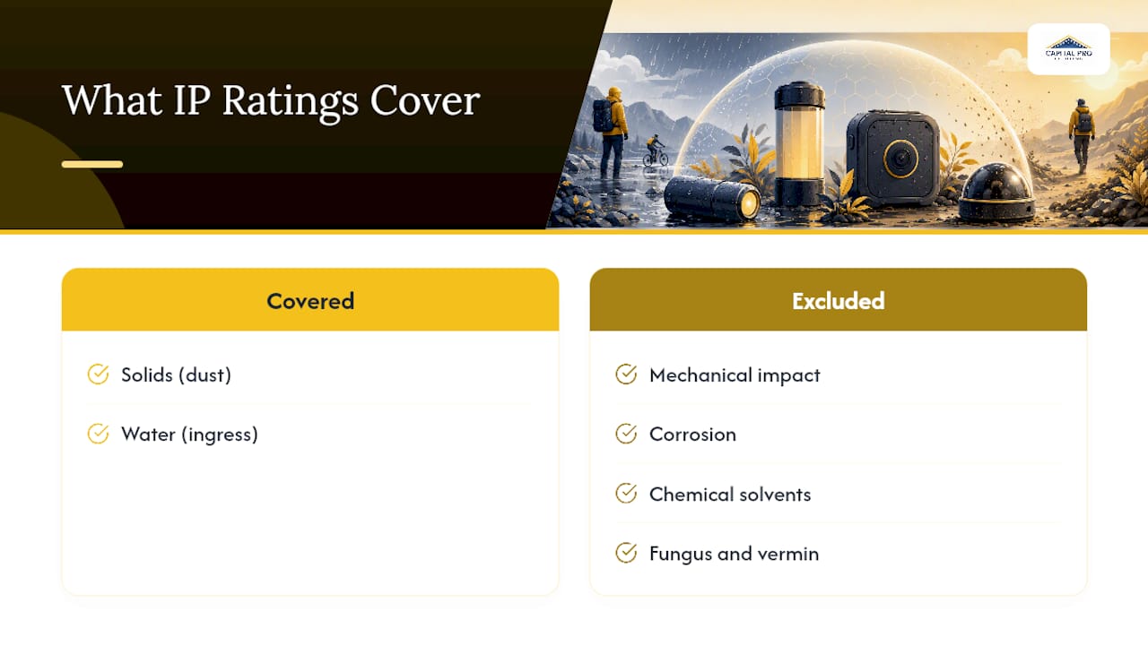 What IP Ratings Don't Cover — overview diagram