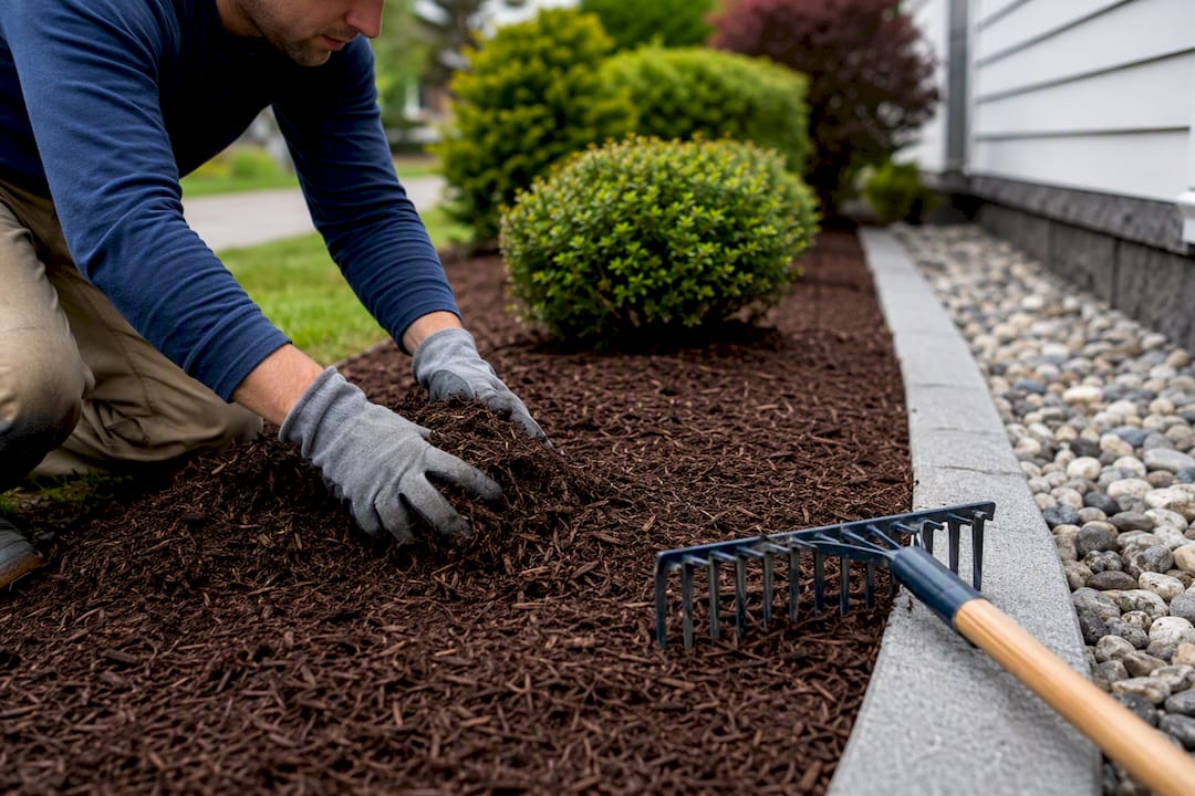 Fresh mulch beside home foundation