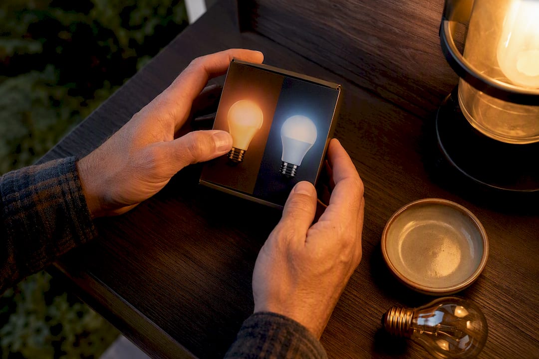 Hands comparing warm and blue light choices