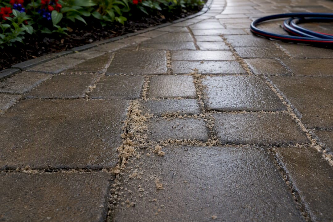 Powdery sand loosening between damp pavers