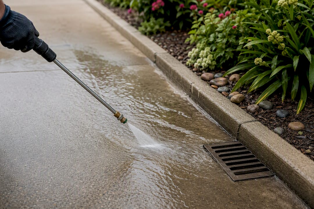 Runoff flowing toward a residential storm drain