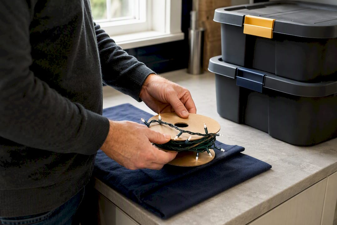Hands winding holiday lights for storage