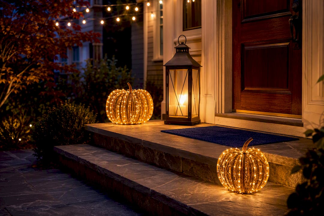 Warmly lit Thanksgiving porch steps