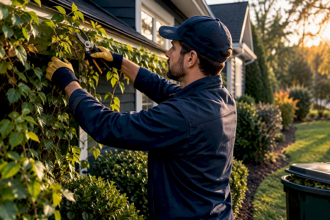 Worker clearing vines near roofline