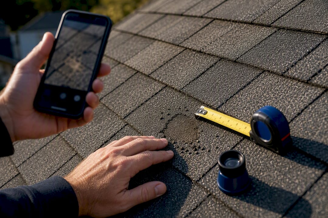 Close inspection of bare roof shingle granules