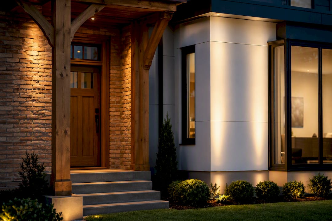Traditional and modern facades under warm lighting