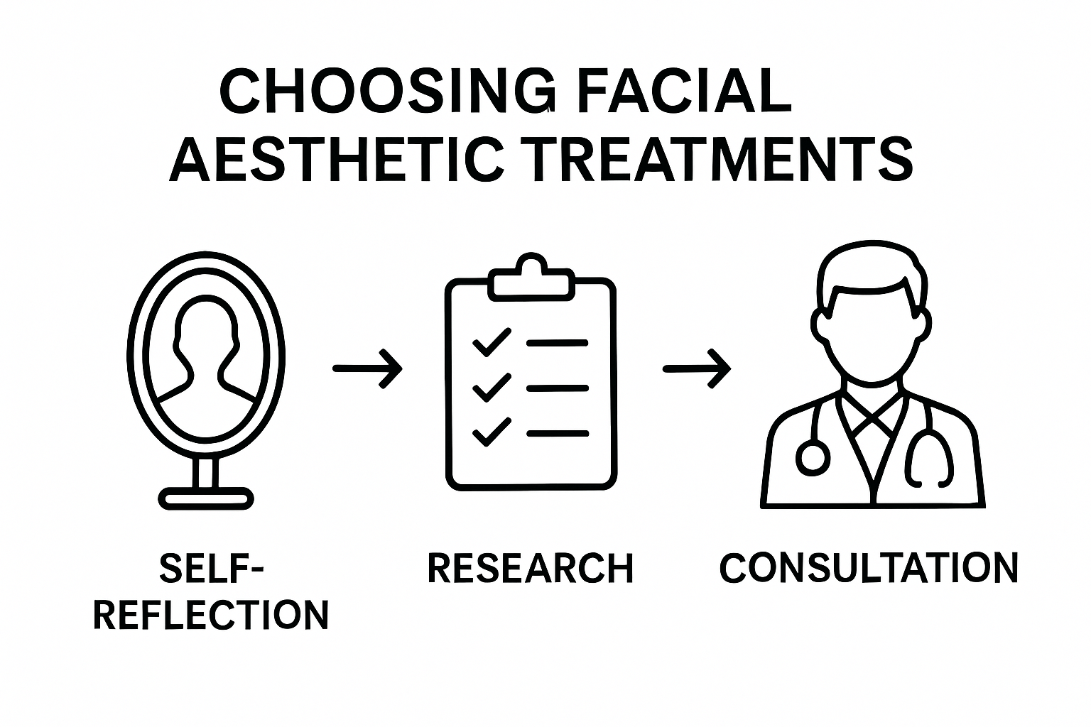 Three-step facial aesthetic treatment selection workflow with icons