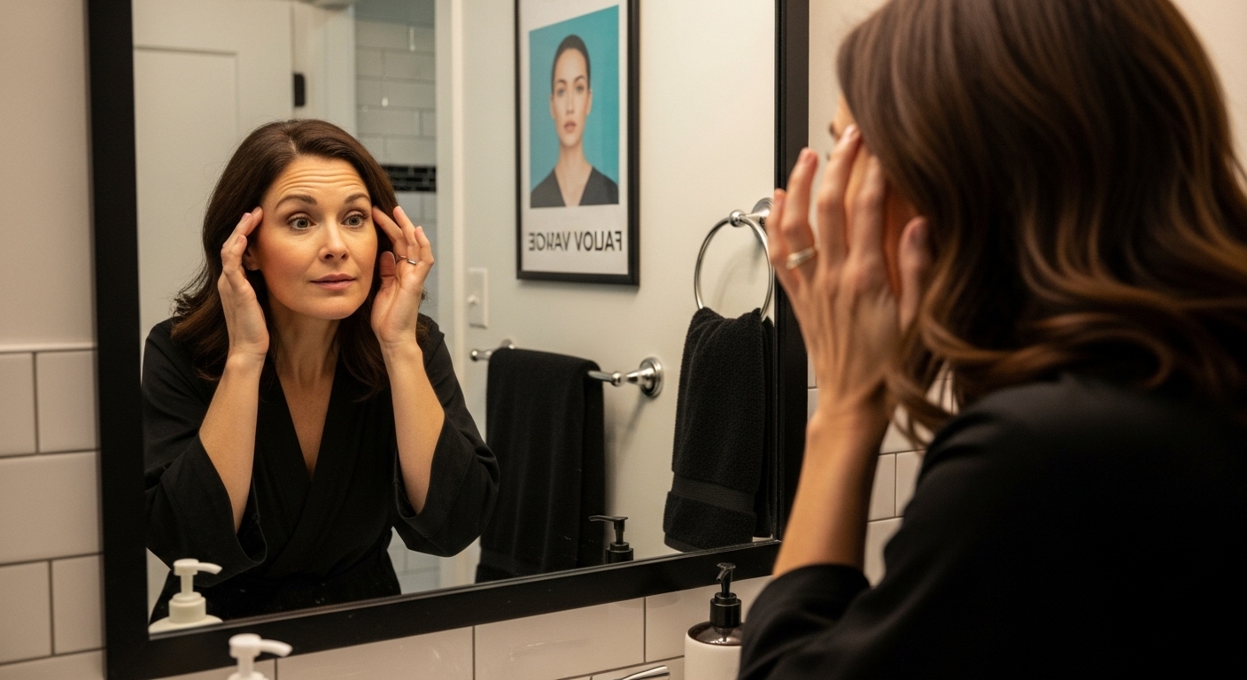 woman examining face volume