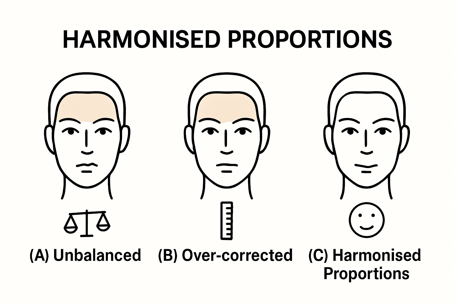 Infographic comparing facial balance, over-correction, and harmonised proportions with simple icons and face diagrams.