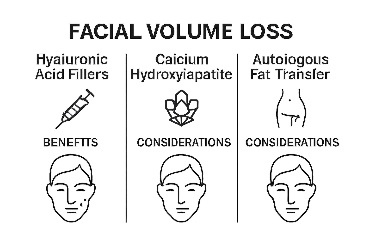 Understanding Facial Volume Loss Solutions for Aesthetic Appeal 1 Comparison of facial filler types with icons and treatment areas