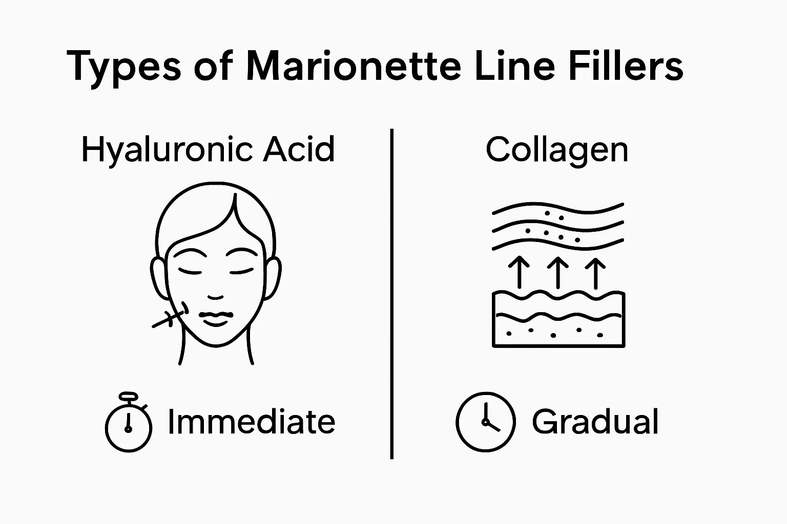 What is Marionette Line Filler? Understanding Your Options 1 Infographic comparing hyaluronic acid and collagen-stimulating fillers for marionette lines