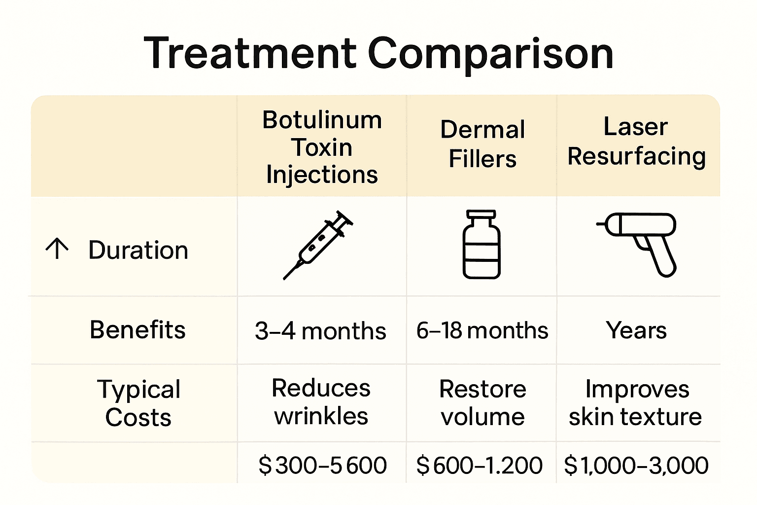 Forehead Wrinkle Solutions: Complete Guide for Women 1 Infographic comparing botulinum toxin, dermal fillers, and laser resurfacing for forehead wrinkles