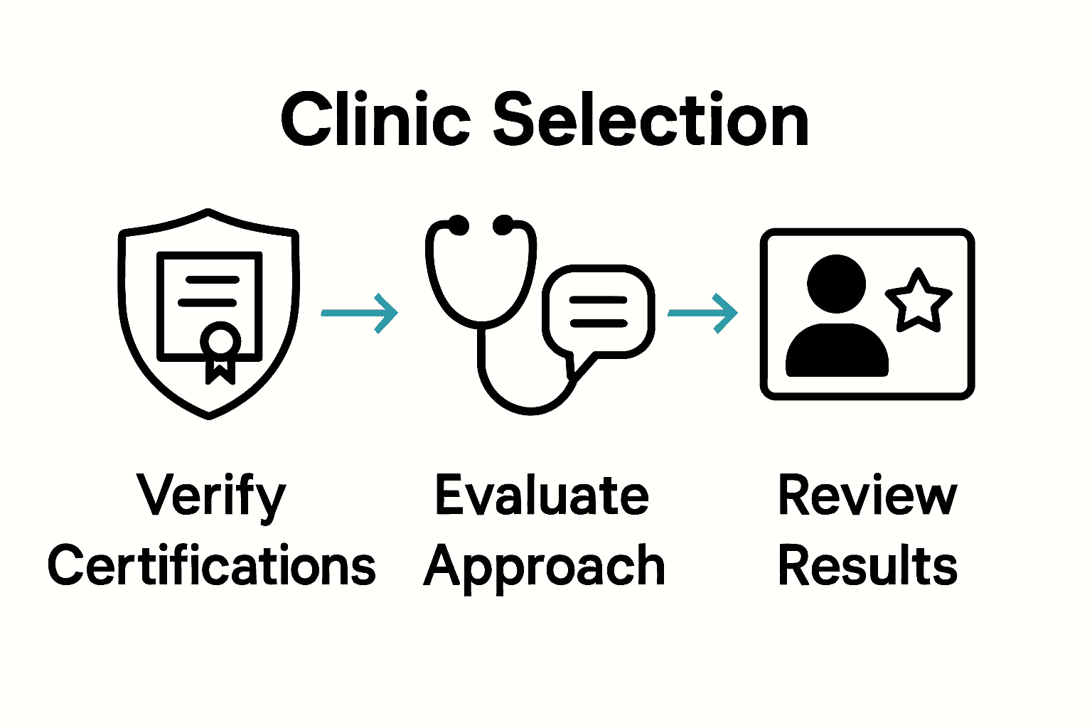 Infographic showing steps to select a cosmetic clinic for facial aesthetics with icons and arrows.