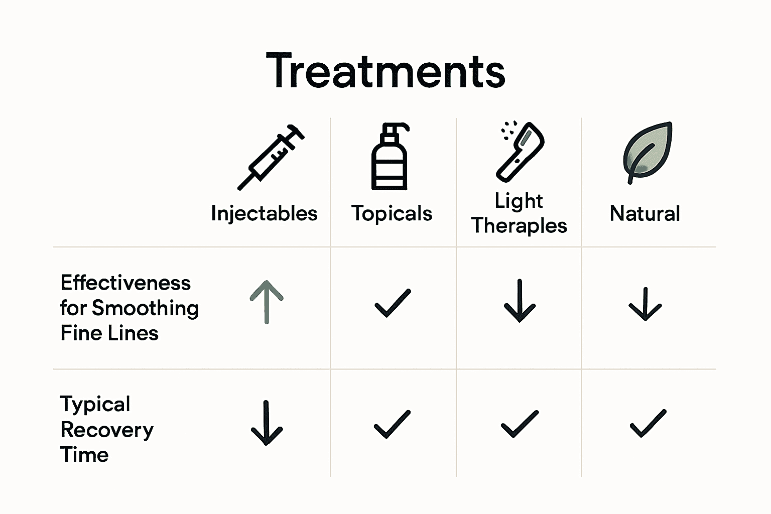 Infographic comparing fine line treatments: injectables, topical products, light therapy, and natural approaches.