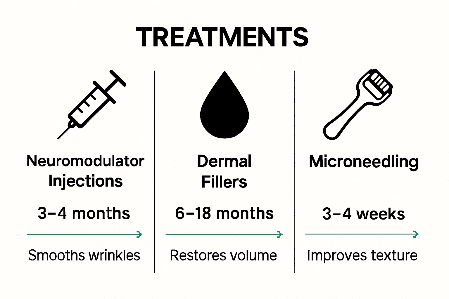 Infographic comparing three types of anti-wrinkle treatments offered in London including duration and key benefits.