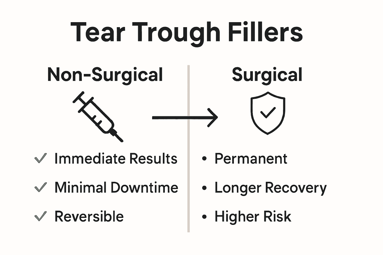 Infographic comparing non-surgical tear trough fillers to surgical alternatives.