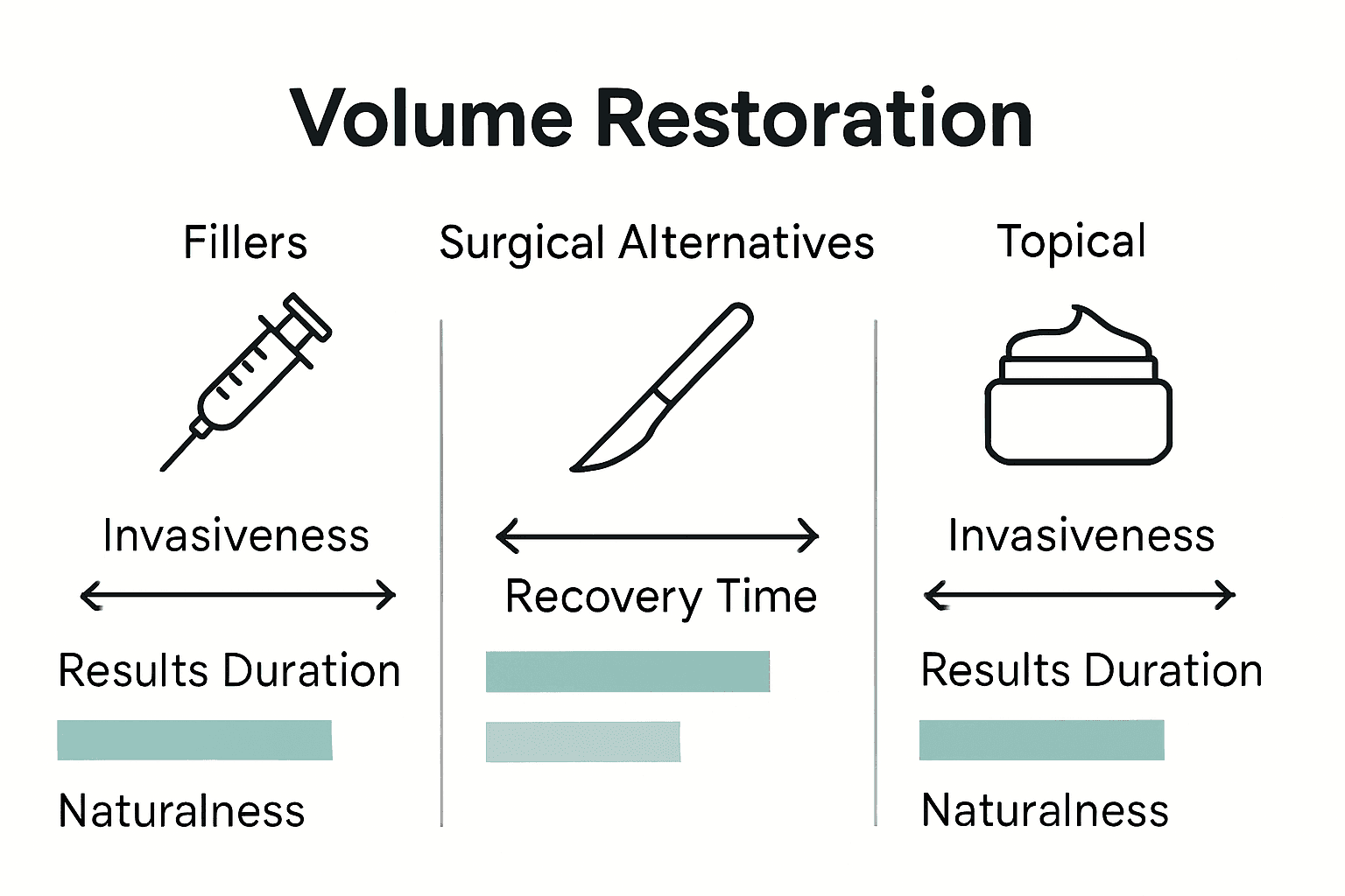 Volume Restoration Explained: Facial Rejuvenation Guide 2 Comparison of volume restoration, surgery, and topical facial treatments