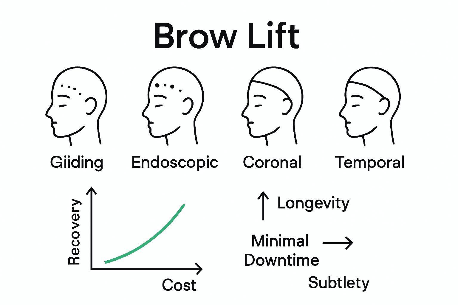 What Is Brow Lift? Complete London Guide 2 Infographic comparing surgical brow lift methods, cost and recovery.