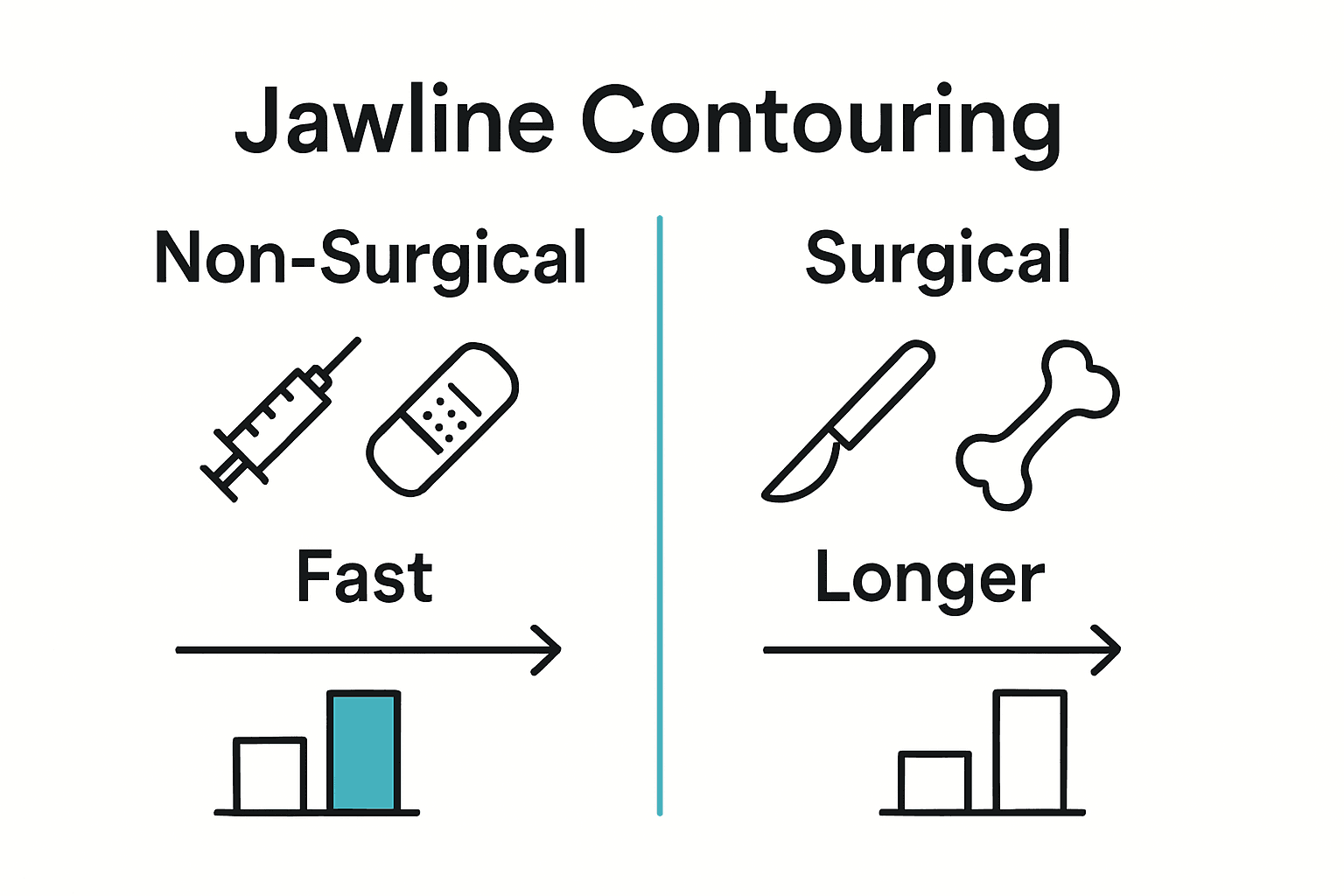 Infographic comparing non-surgical and surgical jawline contouring options with icons and charts