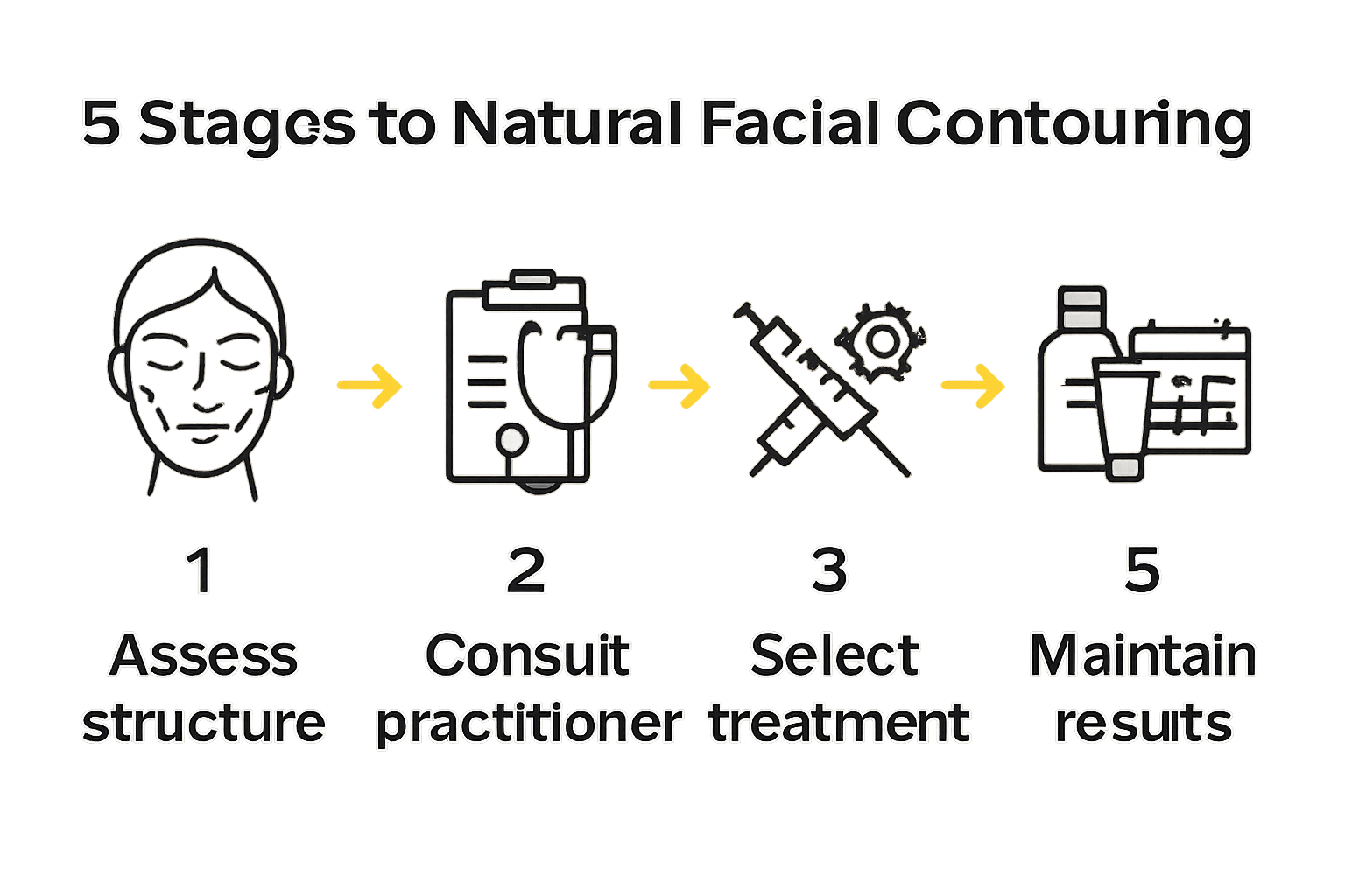 Infographic showing five stages of natural facial contouring in London using simple icons and process arrows.