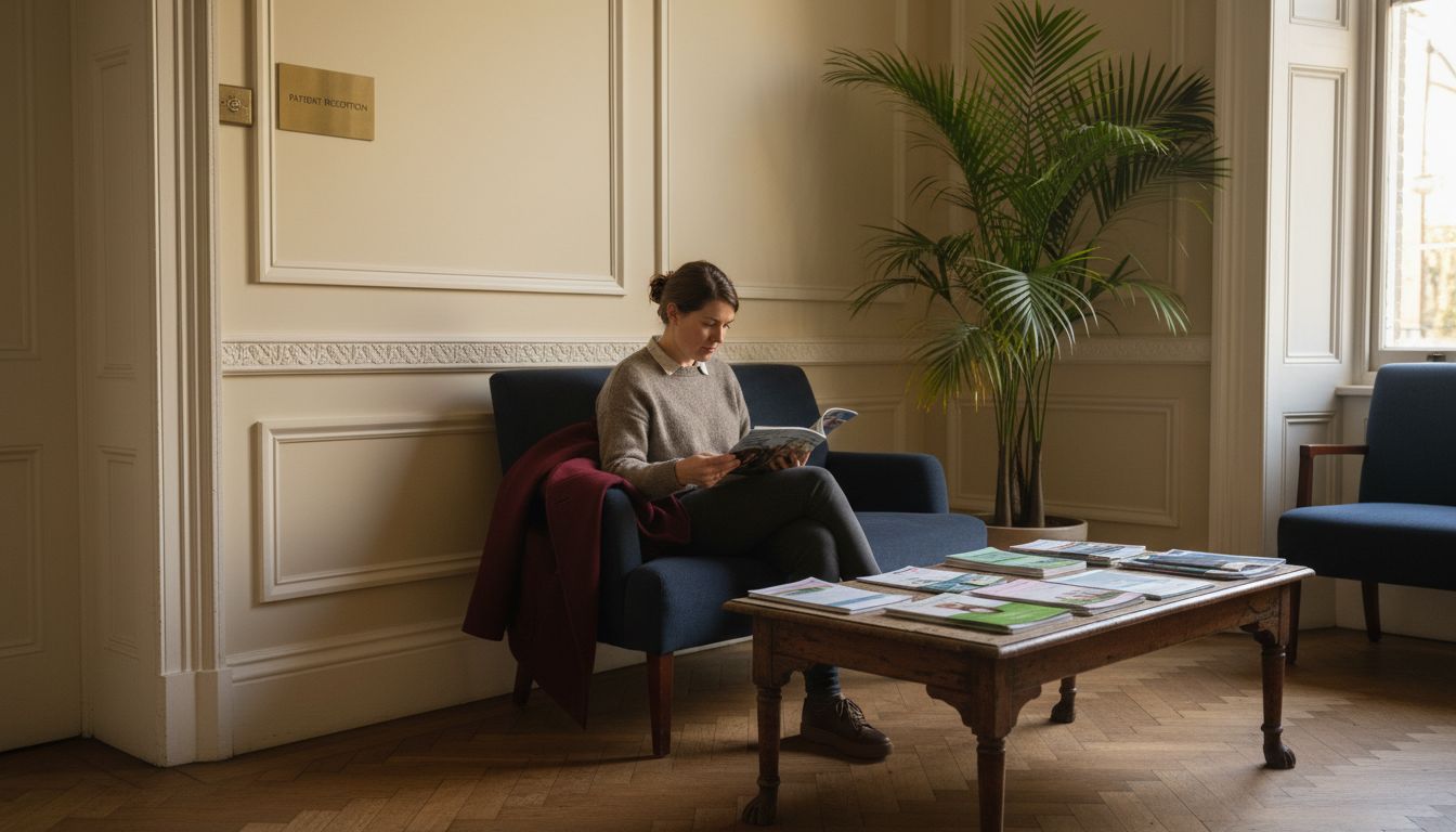 Patient reading in Harley Street waiting room