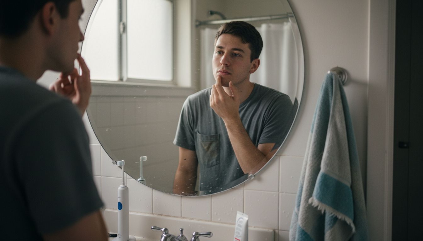 Facial Harmony: How Balance Shapes Confidence 1 Man observing facial features in bathroom