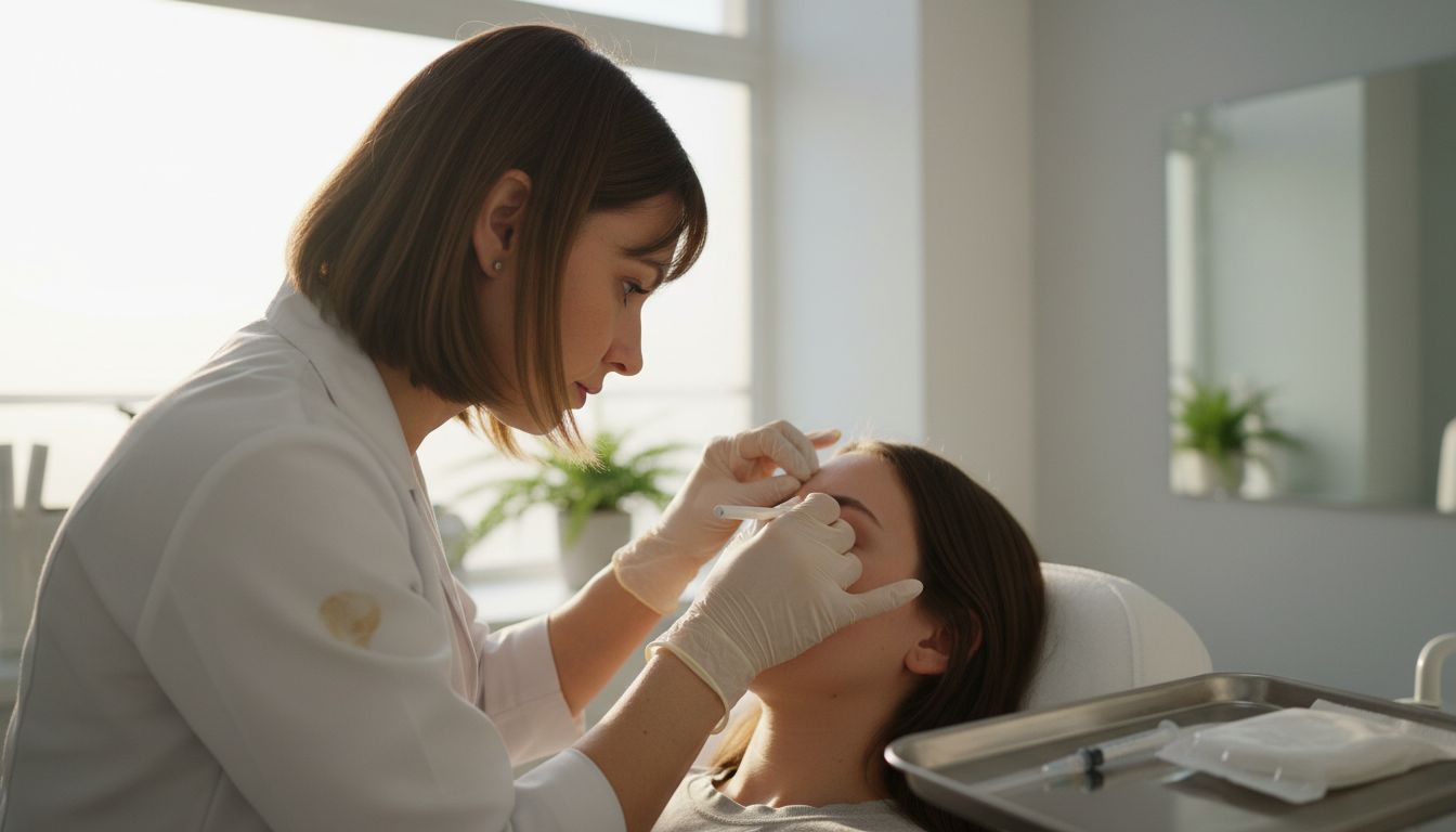 Practitioner marking brows before treatment